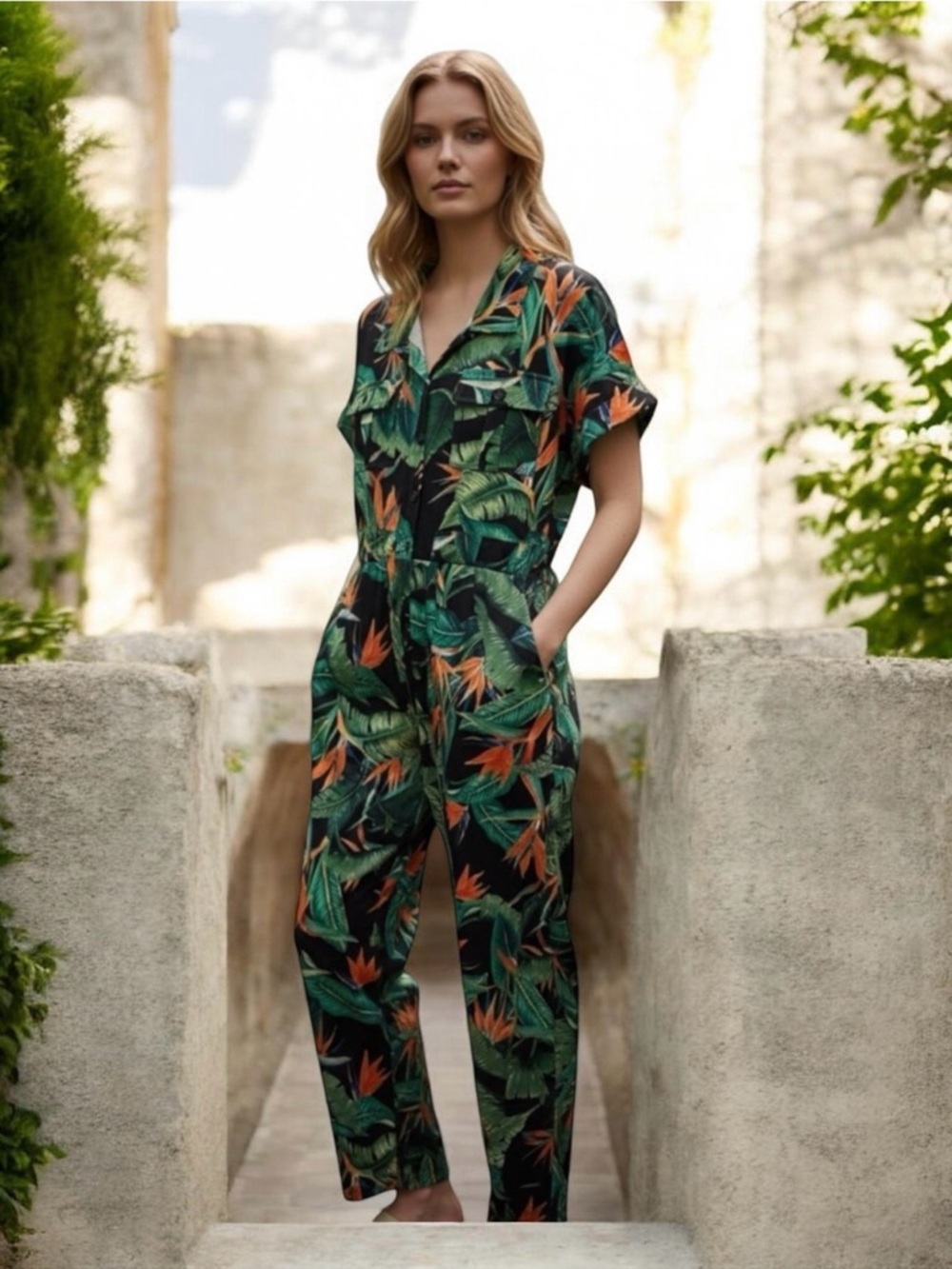 Alamia Tropical-Print Utility Jumpsuit | Black & Green | Size L